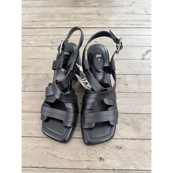 NWT ZARA Black Leather Block Heel Strappy Heeled Sandals Size 38 8 - Picture 4 of 8